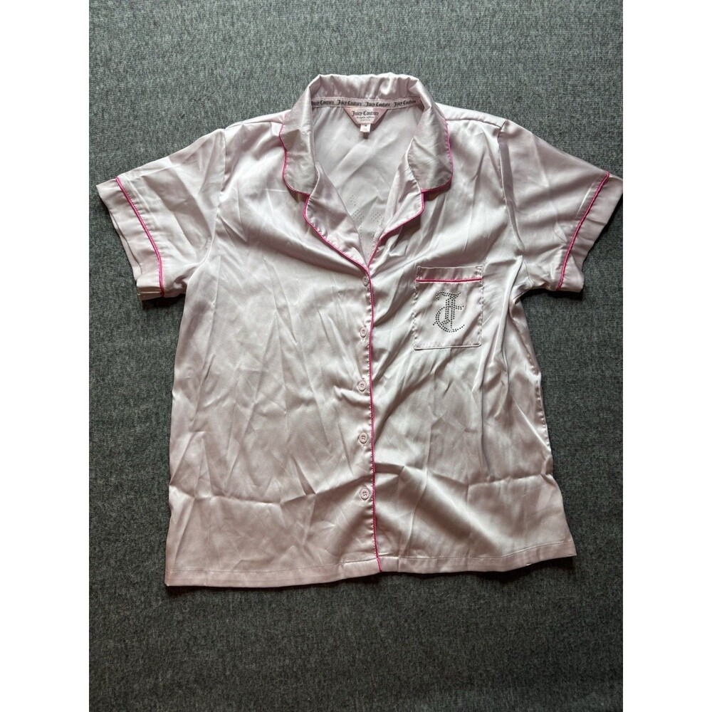 Juicy Couture Pink Solid Collared Button-Front Pajama Top Short Sleeve Medium